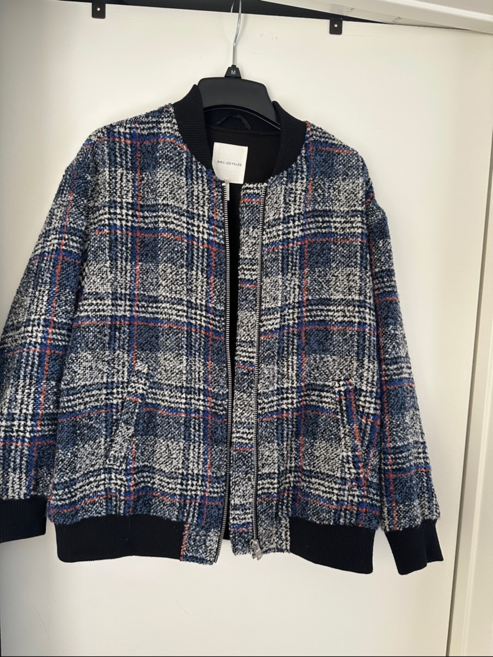 Avec Les Filles Tweed Plaid Bomber Jacket